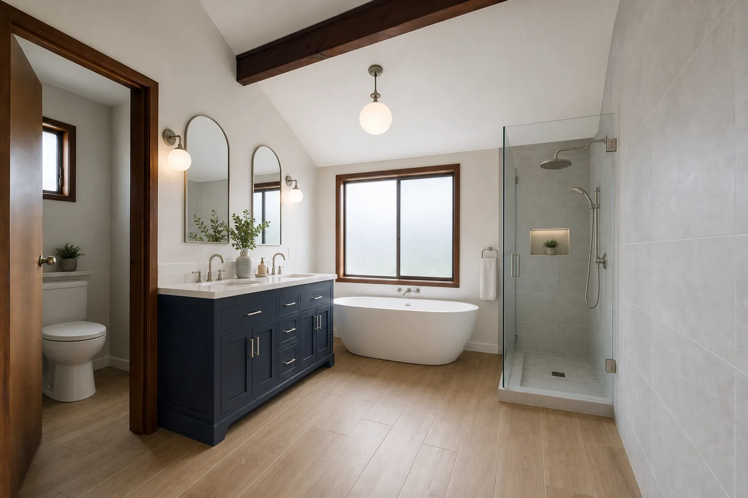 Representative 1980s suburban family bathroom concept after renovation with a navy double vanity