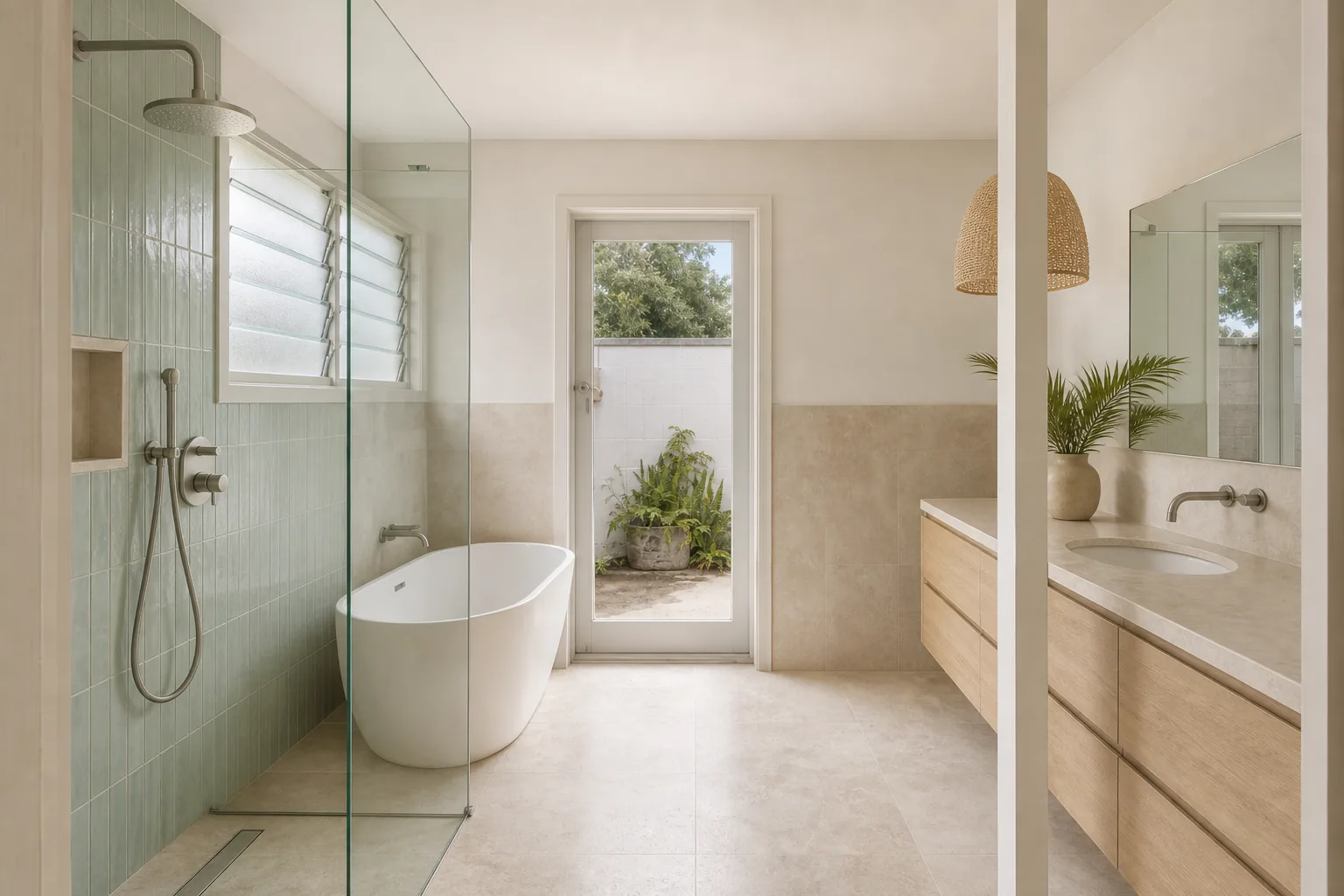 Representative coastal Sydney bathroom concept after renovation in limestone and seafoam tones