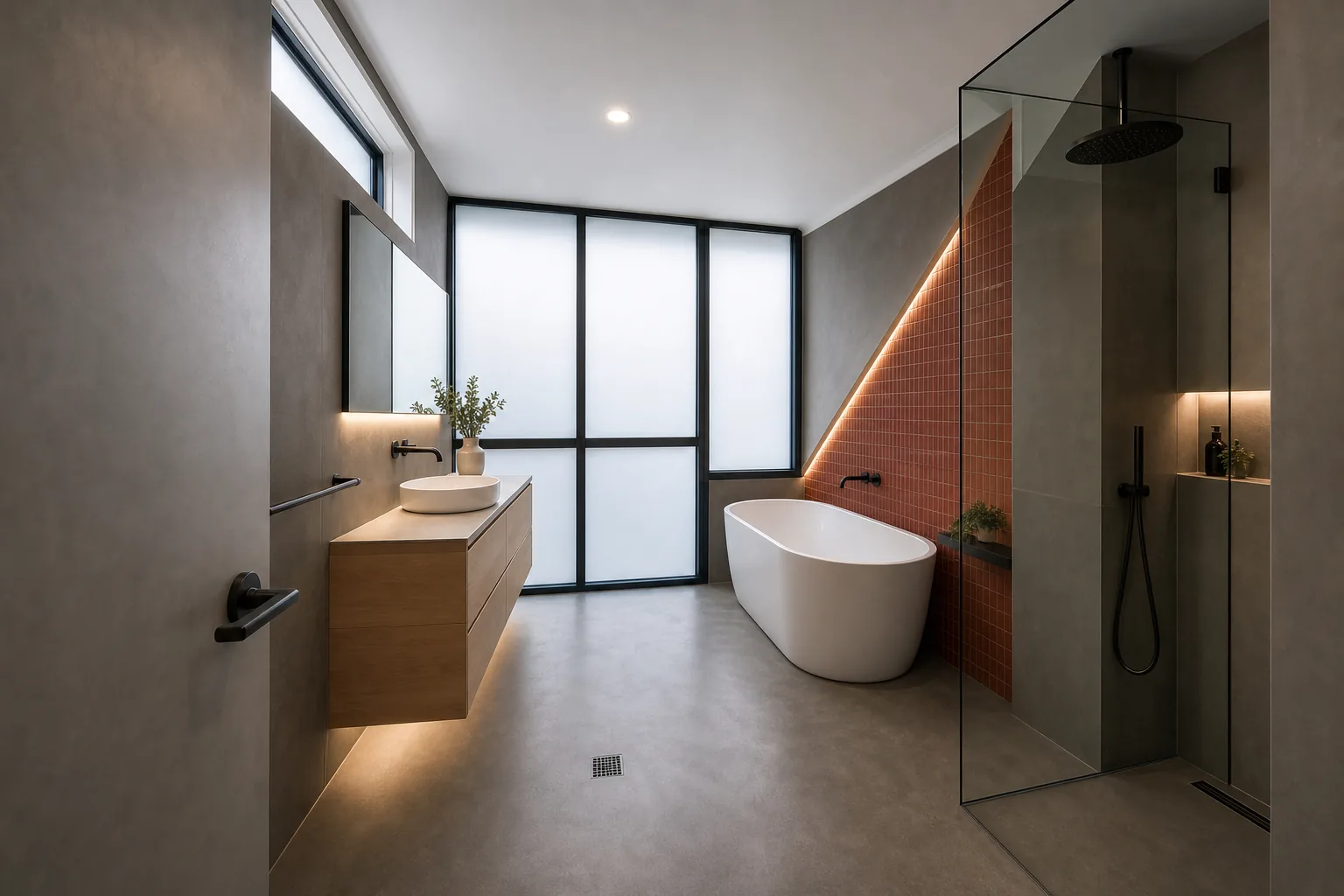 Representative contemporary townhouse bathroom concept after renovation with graphite and rust-red finishes