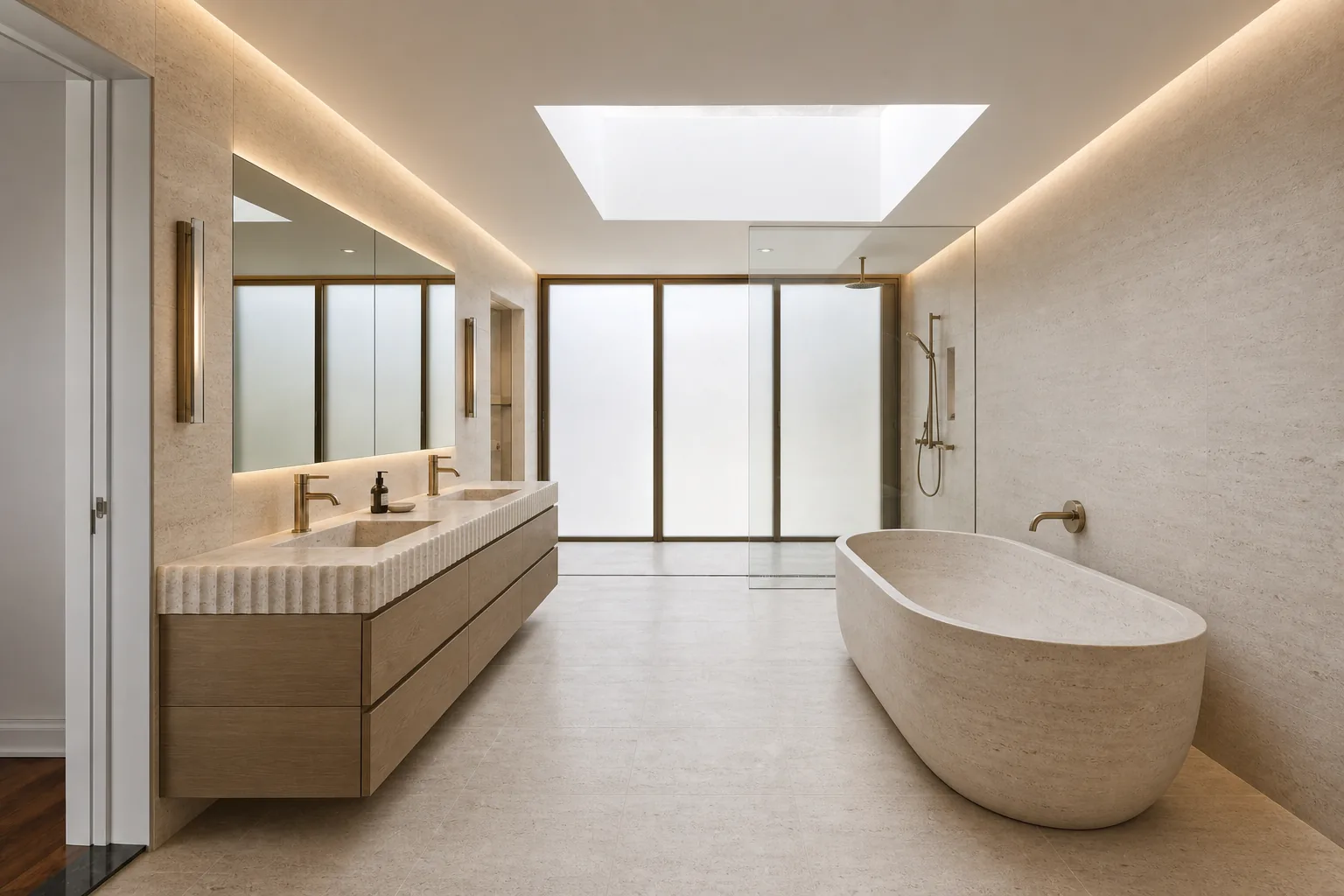 Representative premium modern bathroom concept after renovation in pale limestone and smoked oak