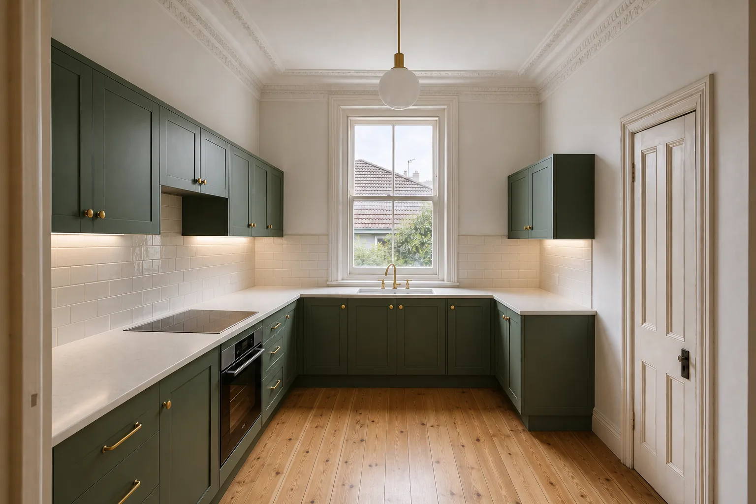 Representative Federation kitchen concept after renovation with green cabinetry and timber floors