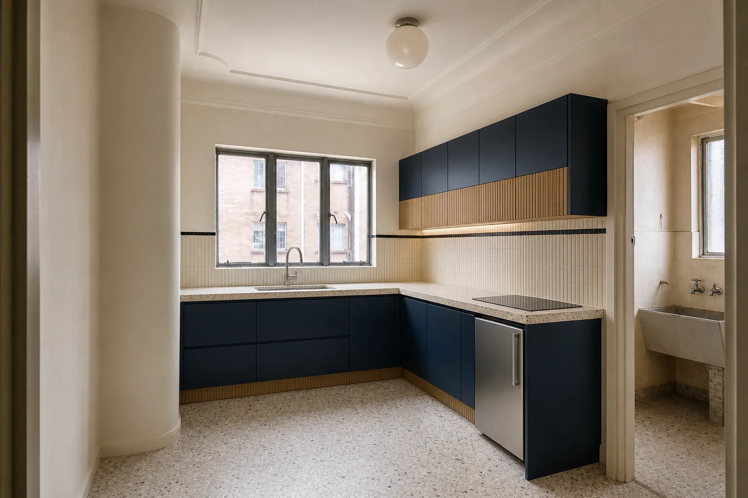 Representative Art Deco apartment kitchen concept after renovation with navy and fluted timber finishes