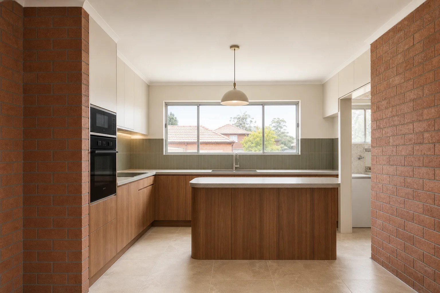 Representative 1960s brick home kitchen concept after a warm mid-century renovation
