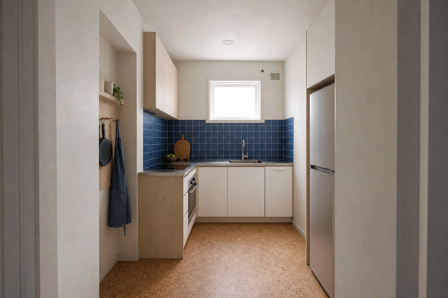 Representative compact inner-city kitchen concept after renovation with birch joinery and cobalt tiles