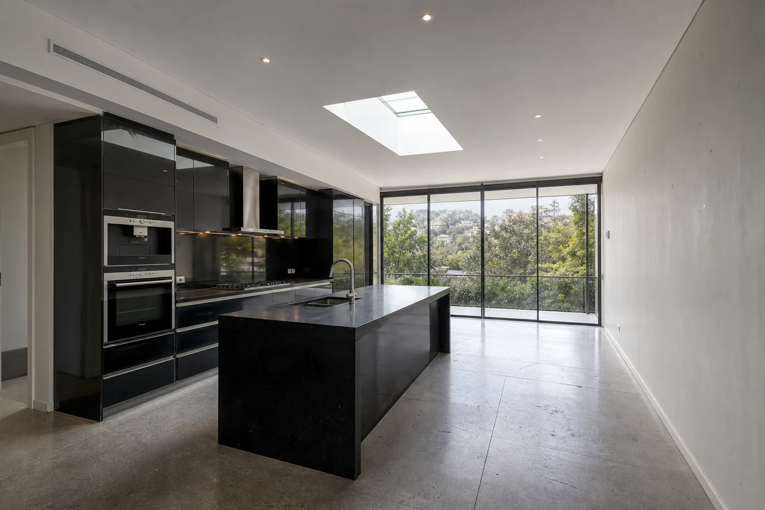 Representative premium modern kitchen concept before renovation with dark gloss finishes