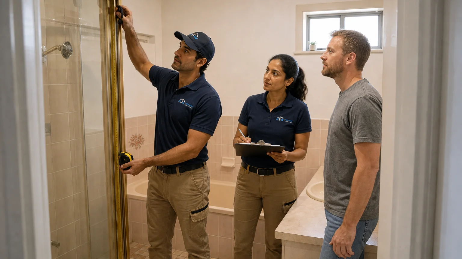Representative quote stage in a peach-tiled 1980s bathroom with the team measuring the shower.