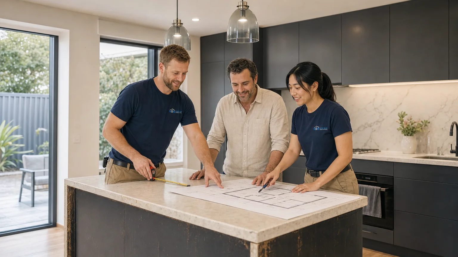 Representative quote stage in a premium modern kitchen with the team reviewing the island plan.